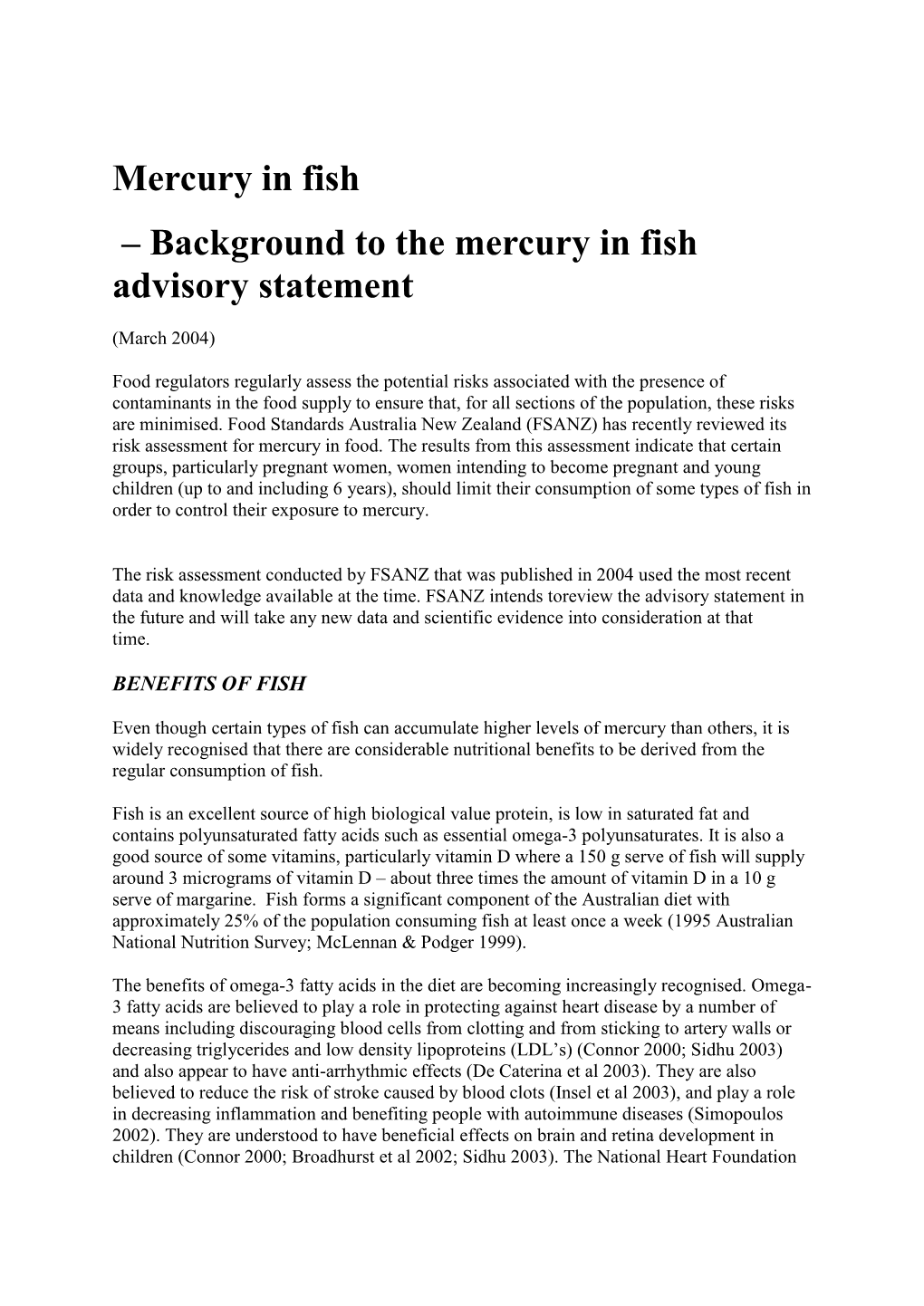 Mercury in Fish – Background to the Mercury in Fish Advisory Statement