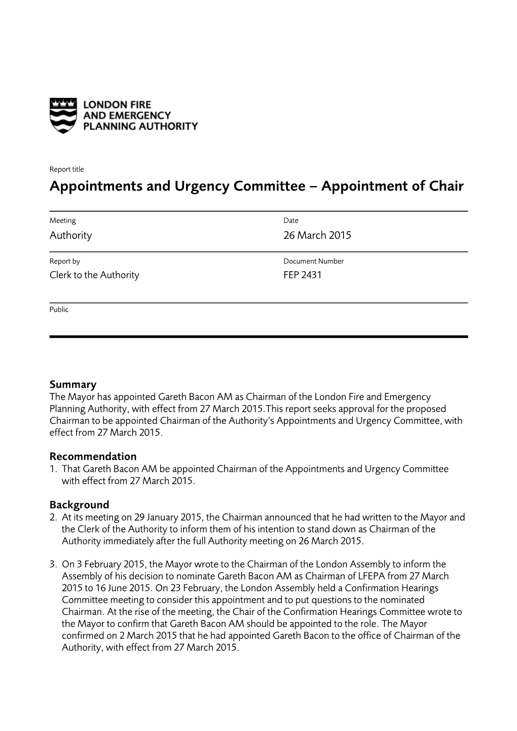 Report Title Appointments and Urgency Committee – Appointment of Chair