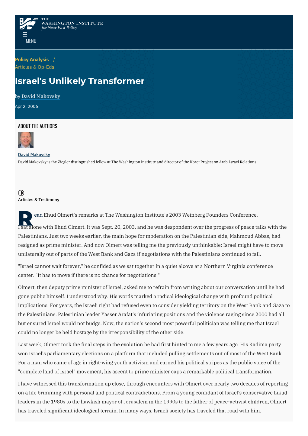 Israel's Unlikely Transformer | the Washington Institute