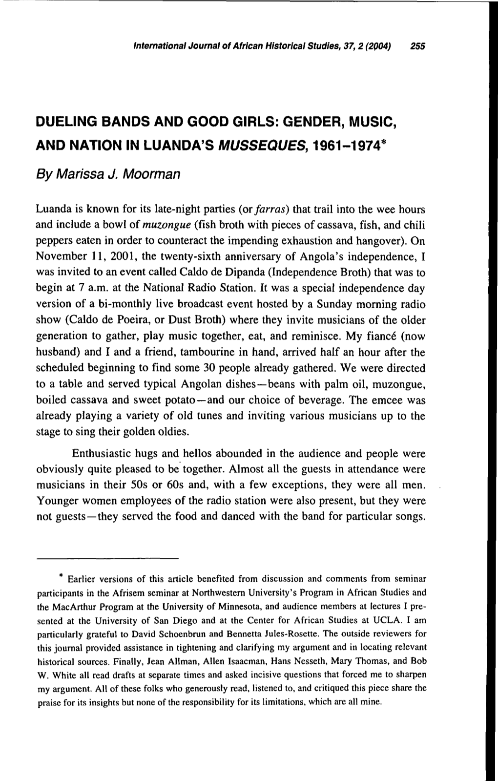 Dueling Bands and Good Girls: Gender, Music, and Nation in Luanda's Musseques, 1961-1974