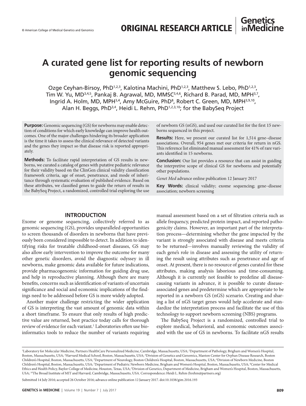 A Curated Gene List for Reporting Results of Newborn Genomic Sequencing