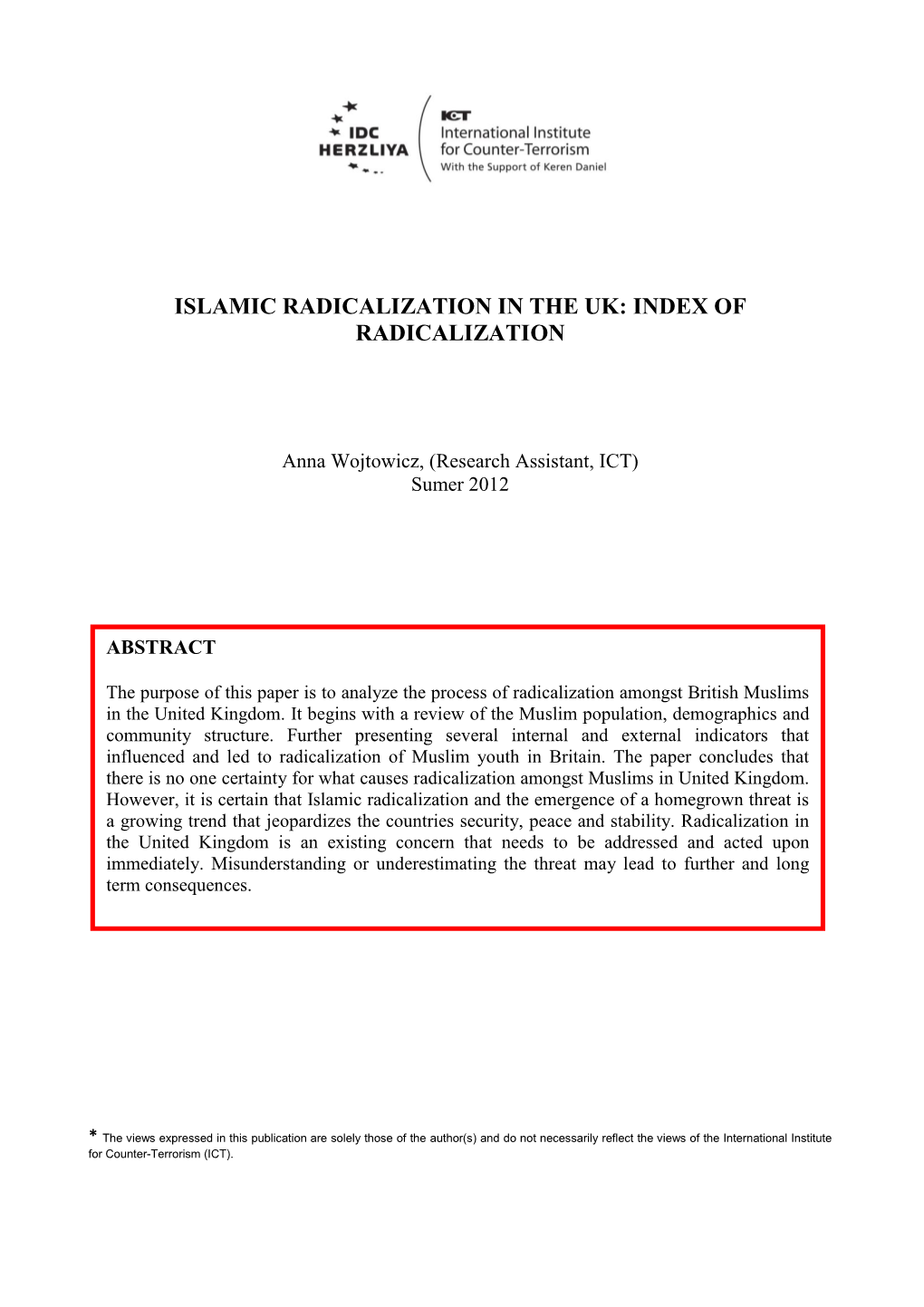 Islamic Radicalization in the Uk: Index of Radicalization