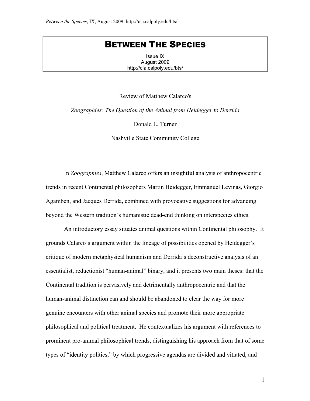 Review of Matthew Calarco's Zoographies: the Question of the Animal from Heidegger to Derrida