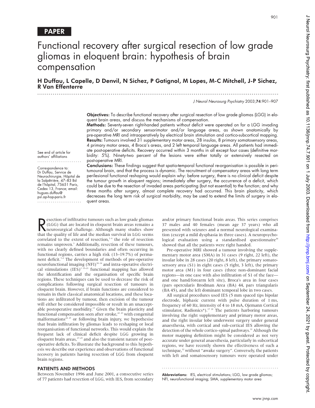 Functional Recovery After Surgical Resection of Low Grade Gliomas In