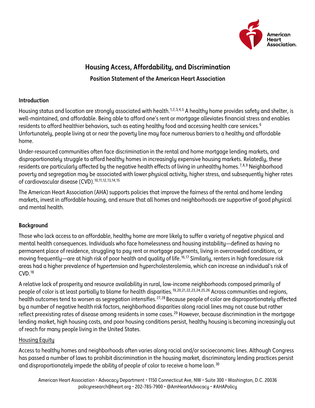 Housing Access, Affordability, and Discrimination Position Statement of the American Heart Association