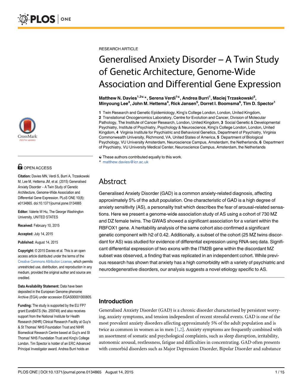 Generalised Anxiety Disorder – a Twin Study of Genetic Architecture, Genome-Wide Association and Differential Gene Expression