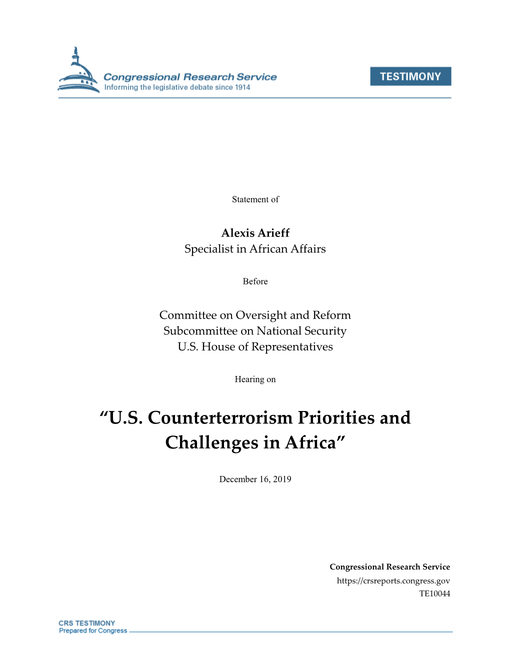 U.S. Counterterrorism Priorities and Challenges in Africa”