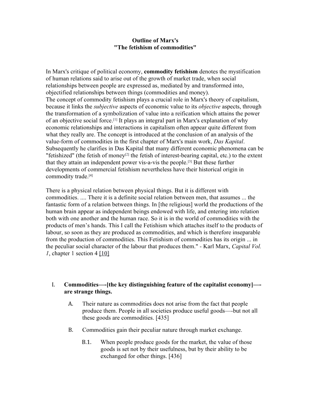 Outline of Marx's the Fetishism of Commodities