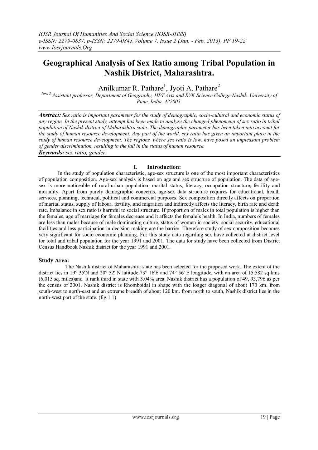 Geographical Analysis of Sex Ratio Among Tribal Population in Nashik District, Maharashtra