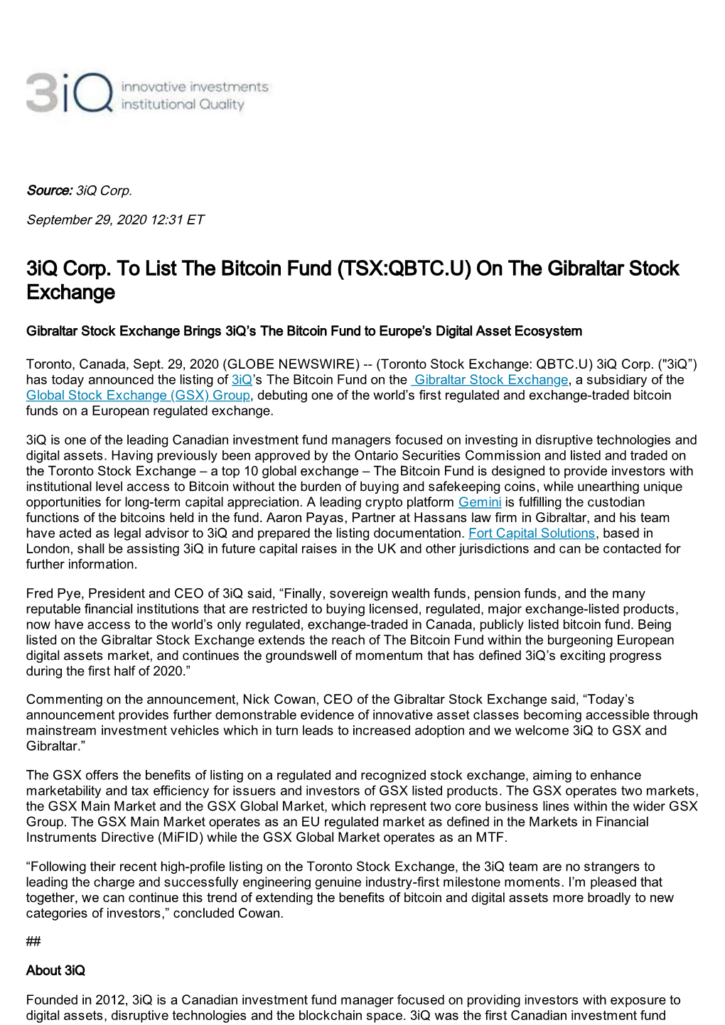 3Iq Corp. to List the Bitcoin Fund (TSX:QBTC.U) on the Gibraltar Stock Exchange