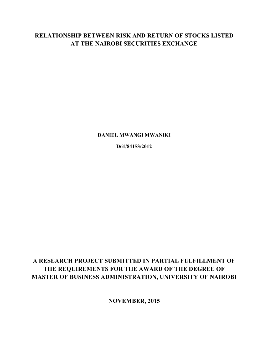 Relationship Between Risk and Return of Stocks Listed at the Nairobi Securities Exchange