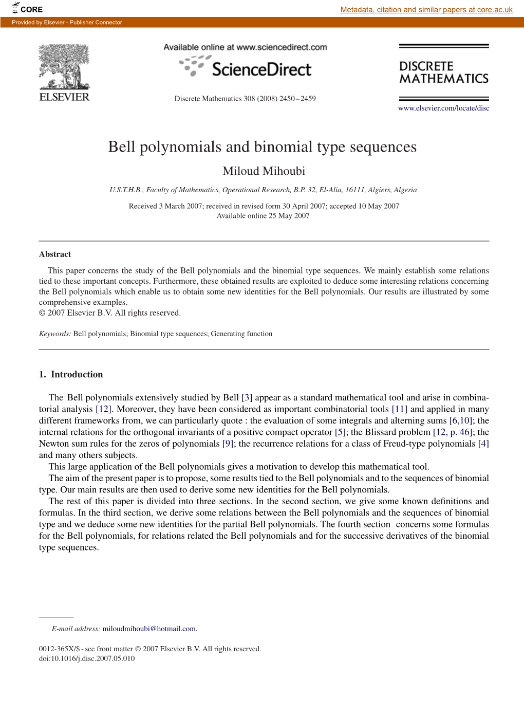 Bell Polynomials and Binomial Type Sequences Miloud Mihoubi