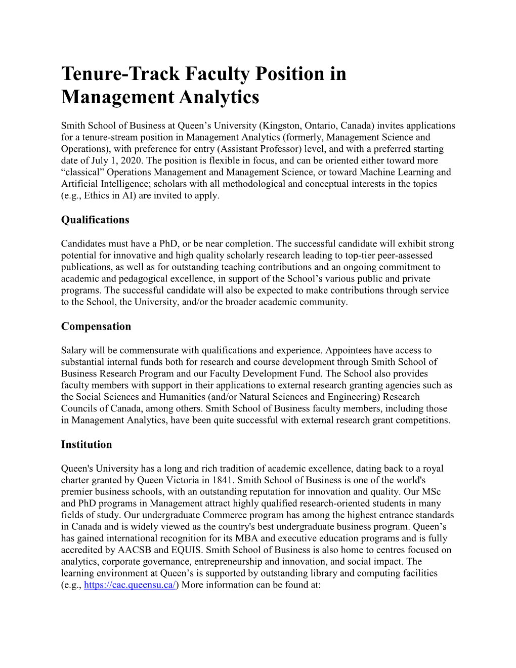 Tenure-Track Faculty Position in Management Analytics