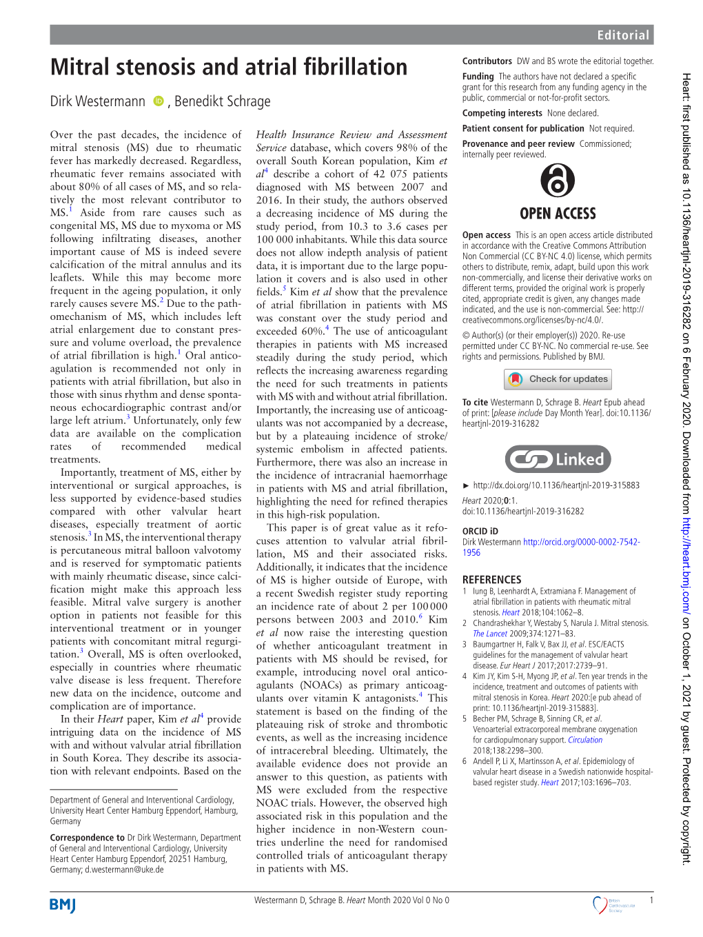 Mitral Stenosis and Atrial Fibrillation Funding the Authors Have Not Declared a Specific Heart: First Published As 10.1136/Heartjnl-2019-316282 on 6 February 2020