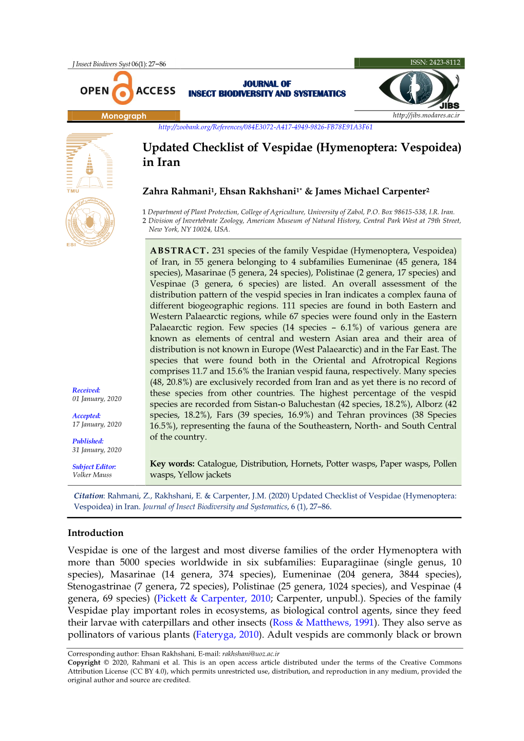 Updated Checklist of Vespidae (Hymenoptera: Vespoidea) in Iran