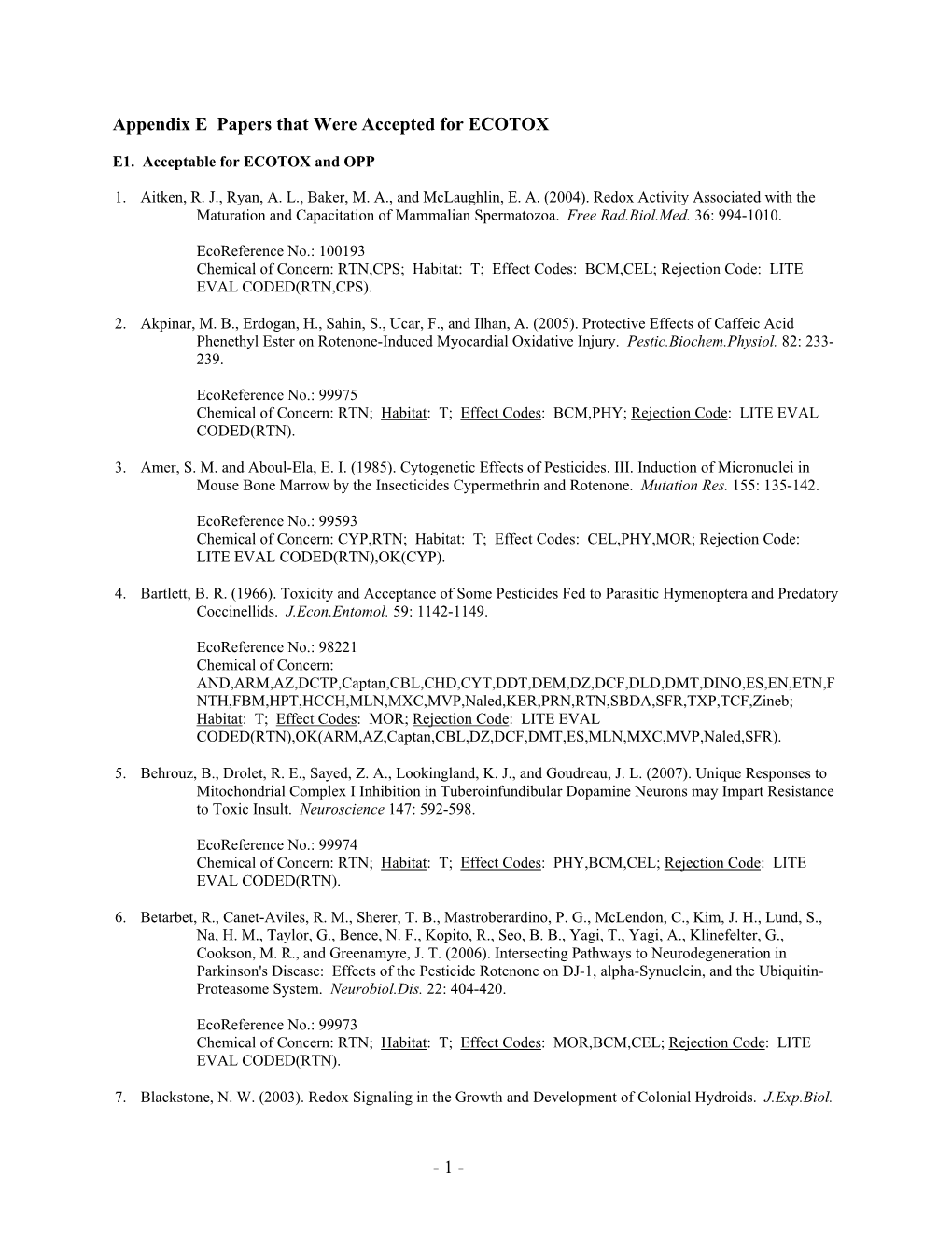 Appendix E Papers That Were Accepted for ECOTOX