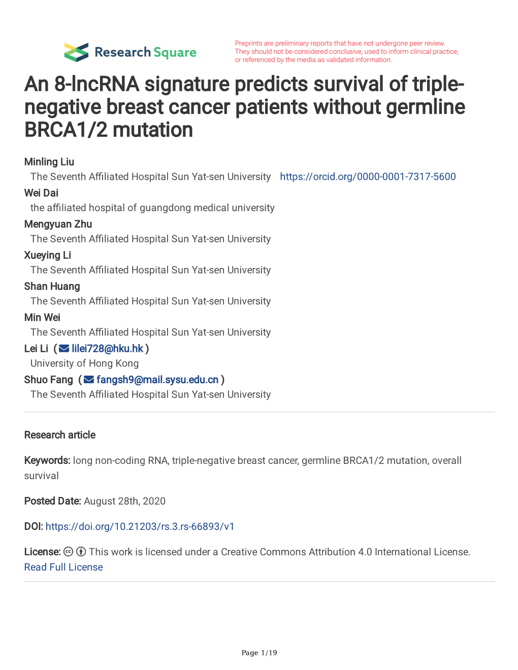 Negative Breast Cancer Patients Without Germline BRCA1/2 Mutation