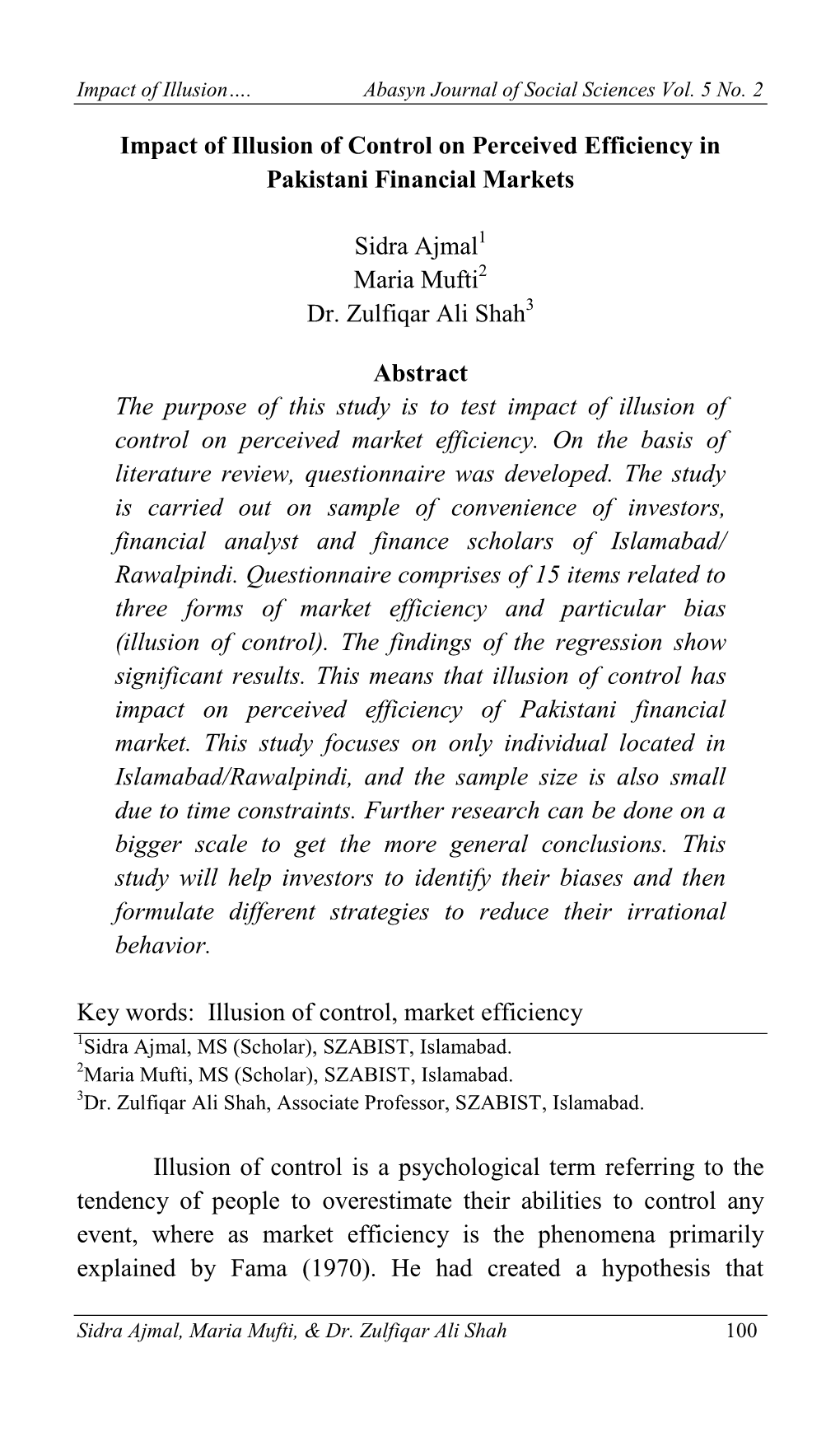 Impact of Illusion of Control on Perceived Efficiency in Pakistani Financial Markets