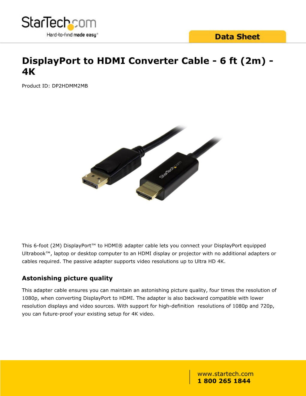 Displayport to HDMI Converter Cable - 6 Ft (2M) - 4K