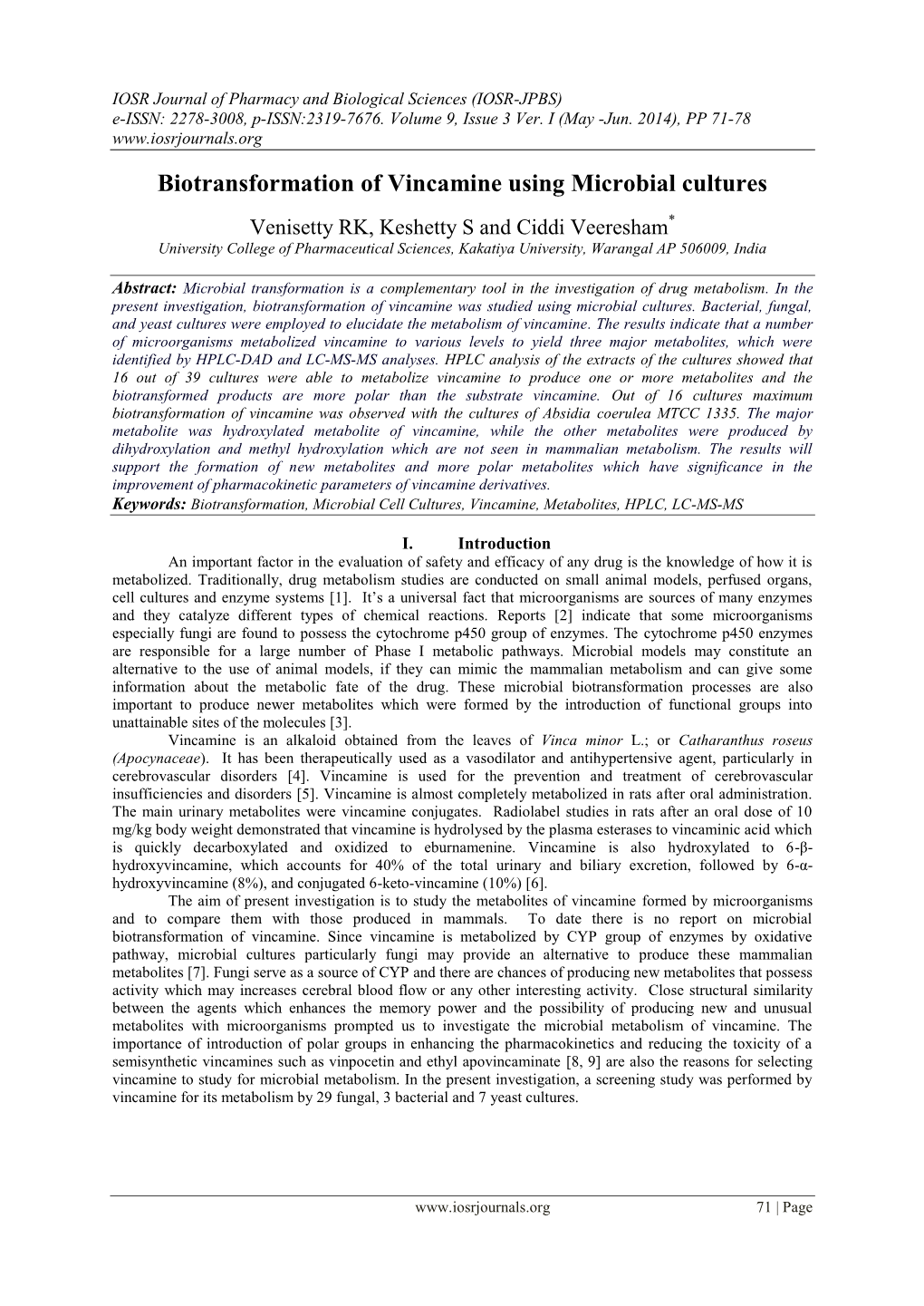 Biotransformation of Vincamine Using Microbial Cultures