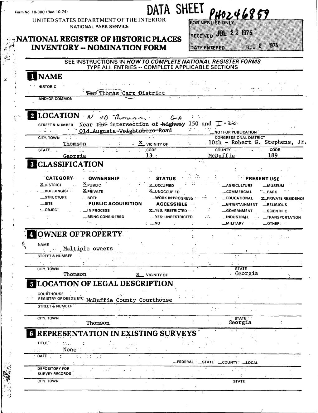 Data Sheet United States Department of the Interior National Park Service ^National Register of Historic Places Z** Inventory -- Nomination Form