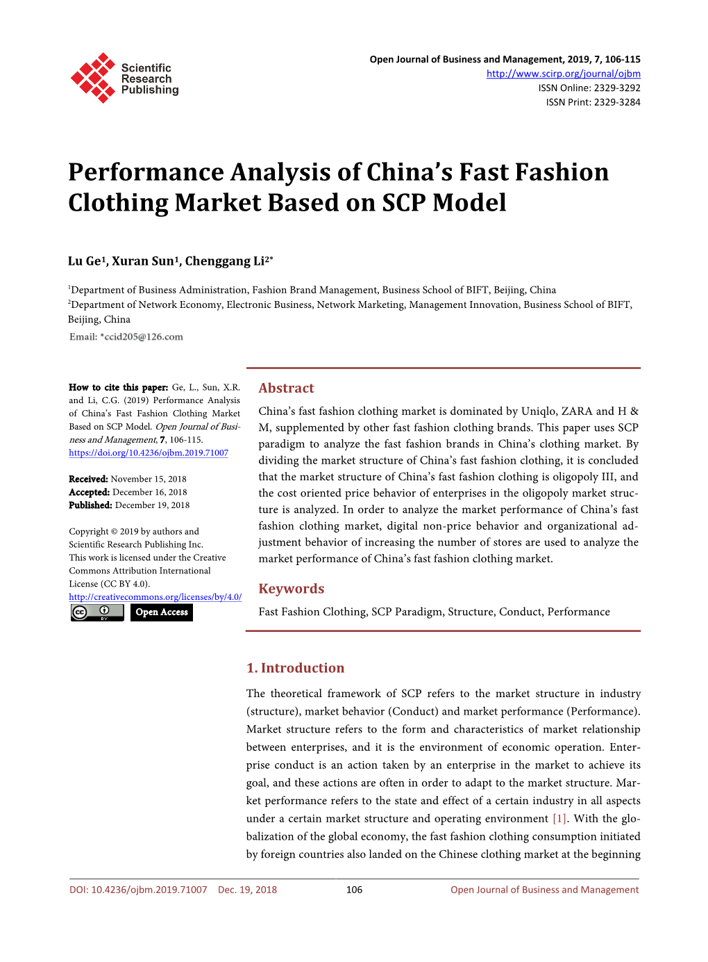 Performance Analysis of China's Fast Fashion Clothing Market Based on SCP Model