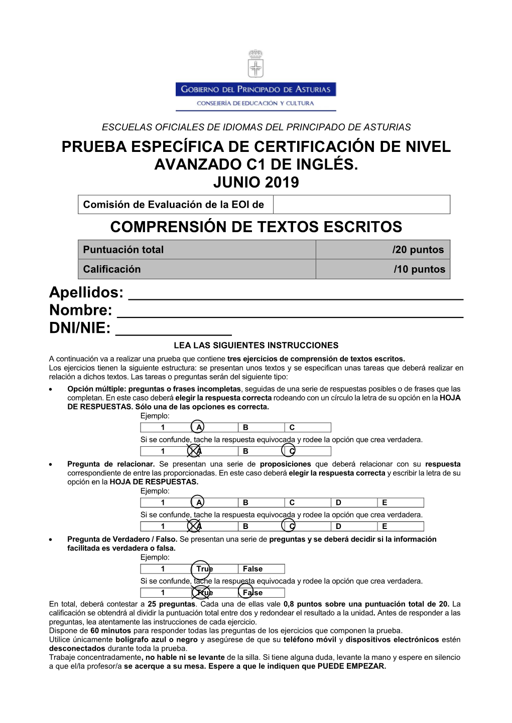 Prueba Específica De Certificación De Nivel Avanzado C1 De Inglés. Junio 2019