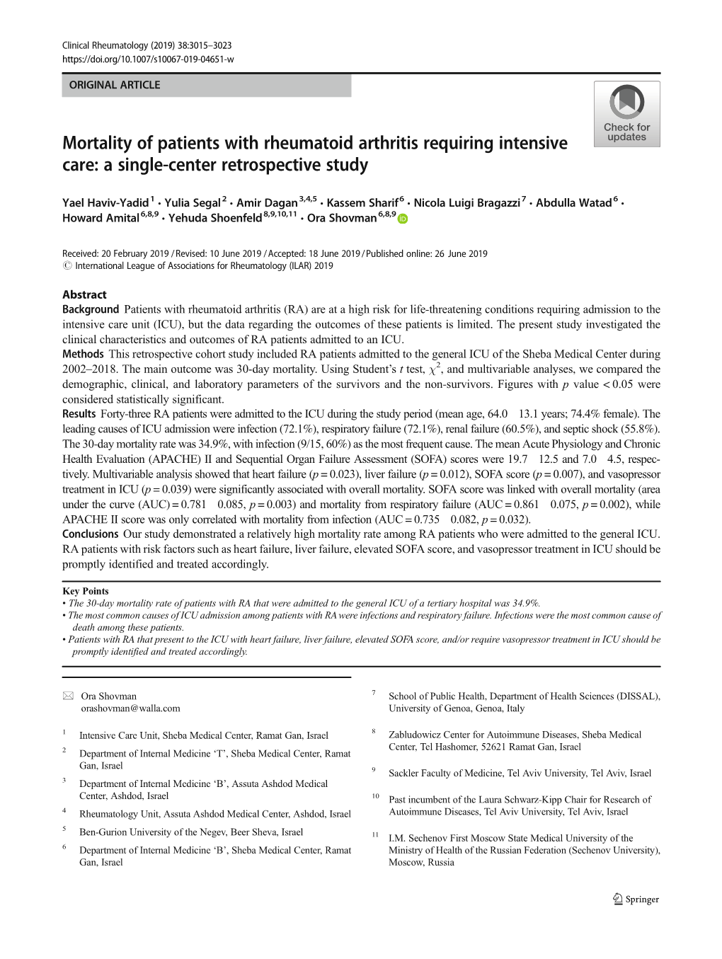 Mortality of Patients with Rheumatoid Arthritis Requiring Intensive Care: a Single-Center Retrospective Study