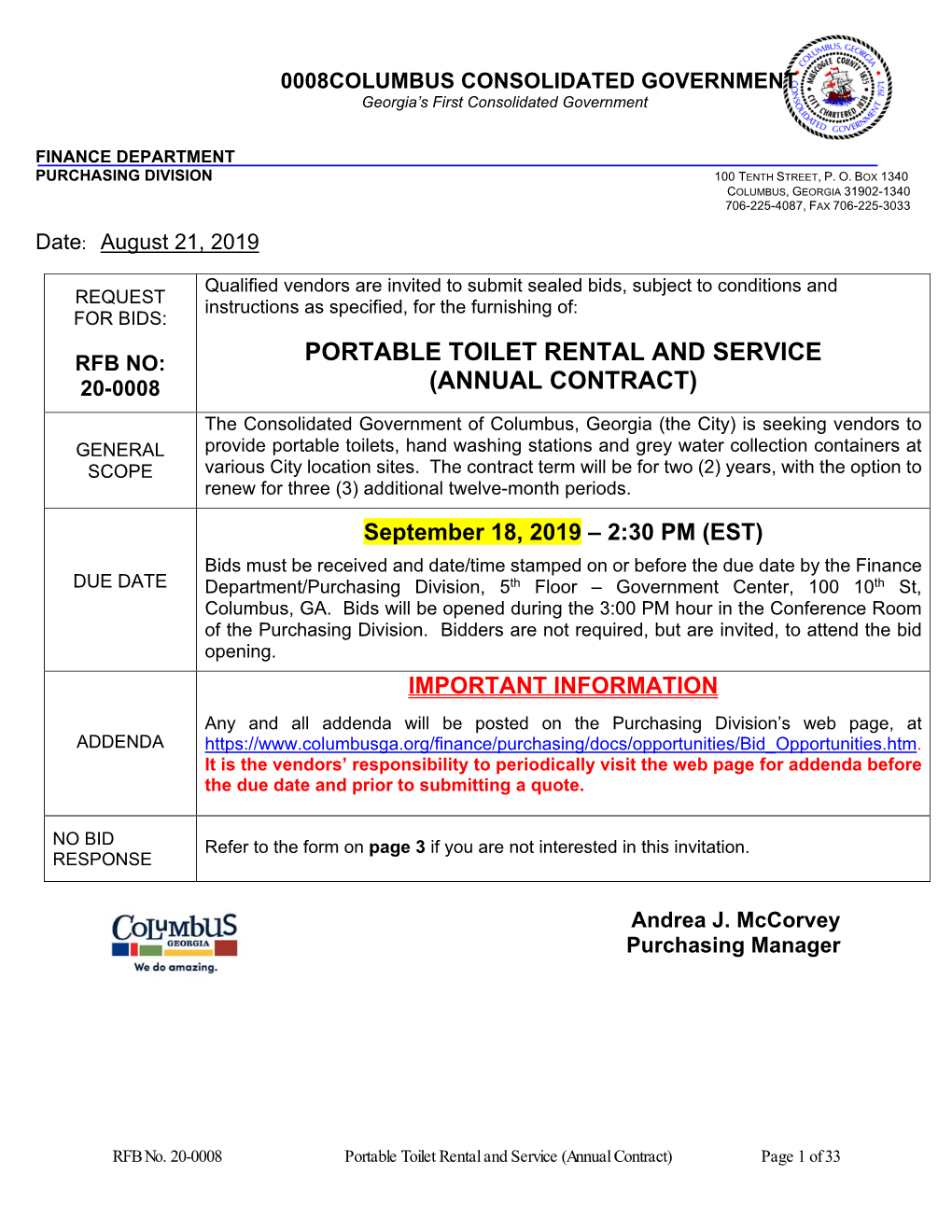 Portable Toilet Rental and Service 20-0008 (Annual Contract)