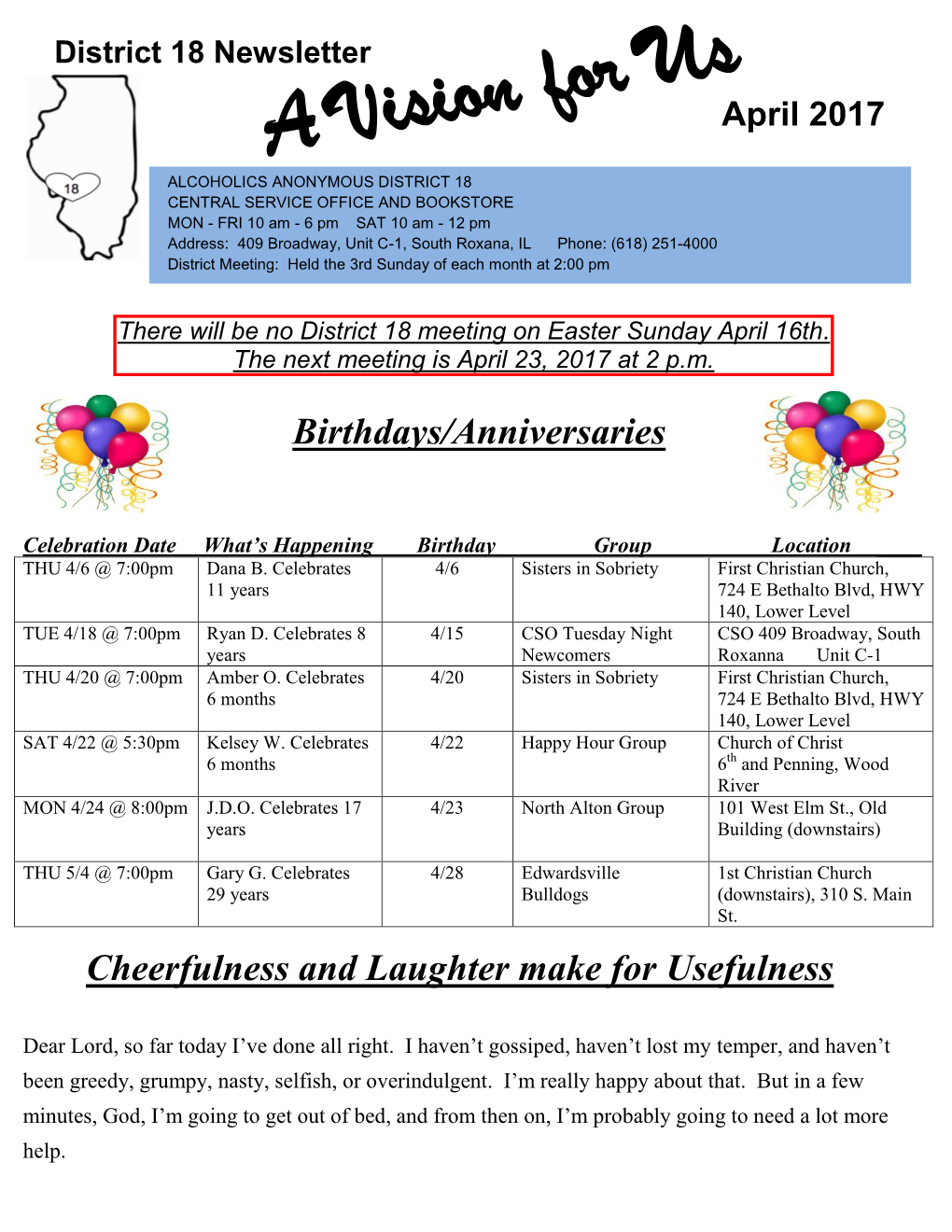 Cheerfulness and Laughter Make for Usefulness Birthdays/Anniversaries