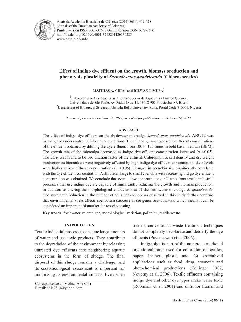 Effect of Indigo Dye Effluent on the Growth, Biomass Production and Phenotypic Plasticity of Scenedesmus Quadricauda (Chlorococcales)