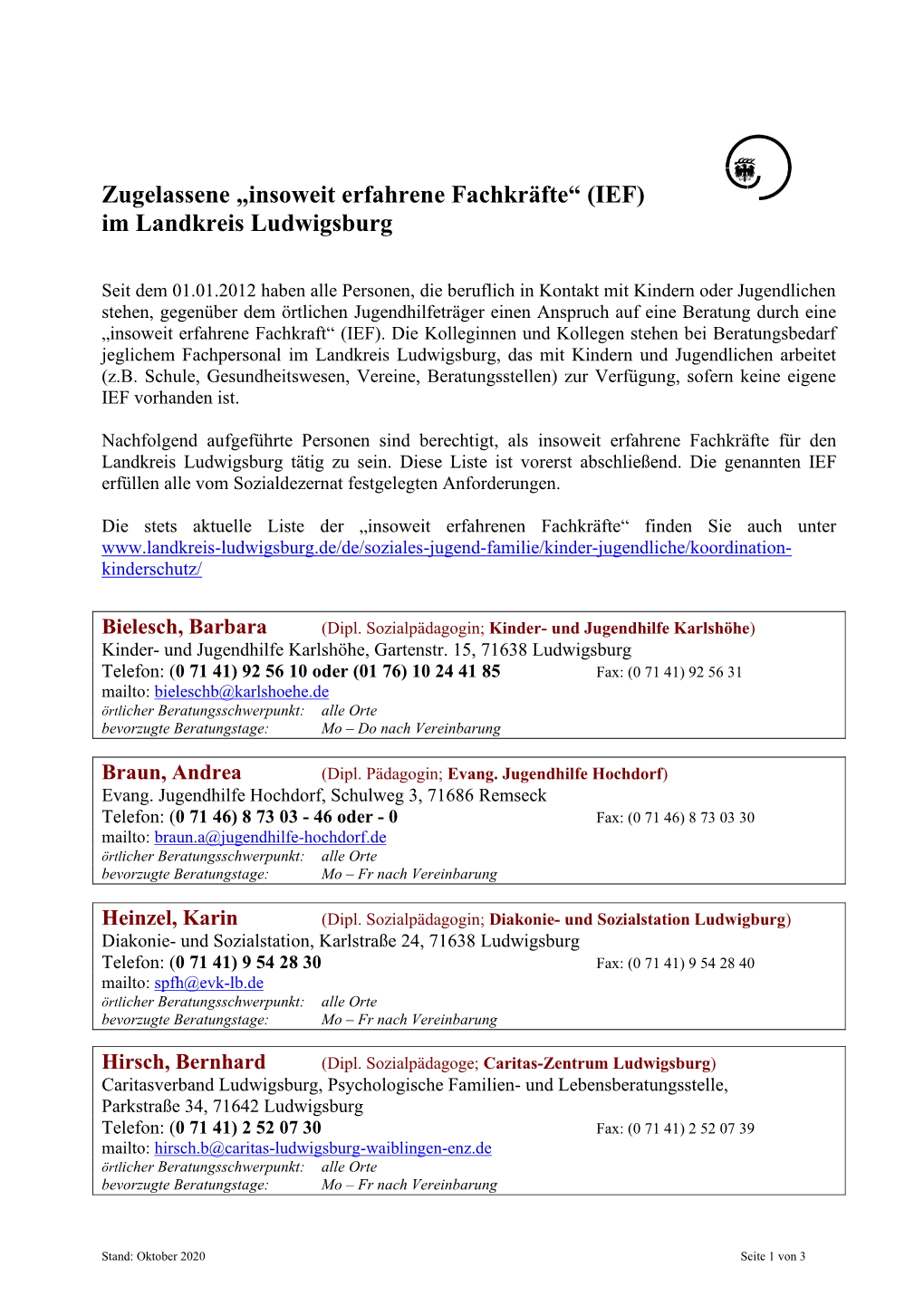 „Insoweit Erfahrene Fachkräfte“ (IEF) Im Landkreis Ludwigsburg
