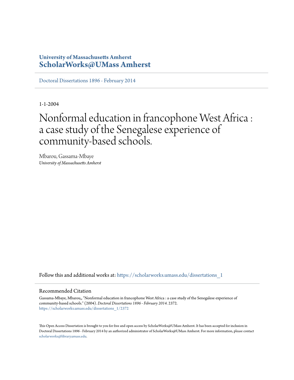 Nonformal Education in Francophone West Africa : a Case Study of the Senegalese Experience of Community-Based Schools