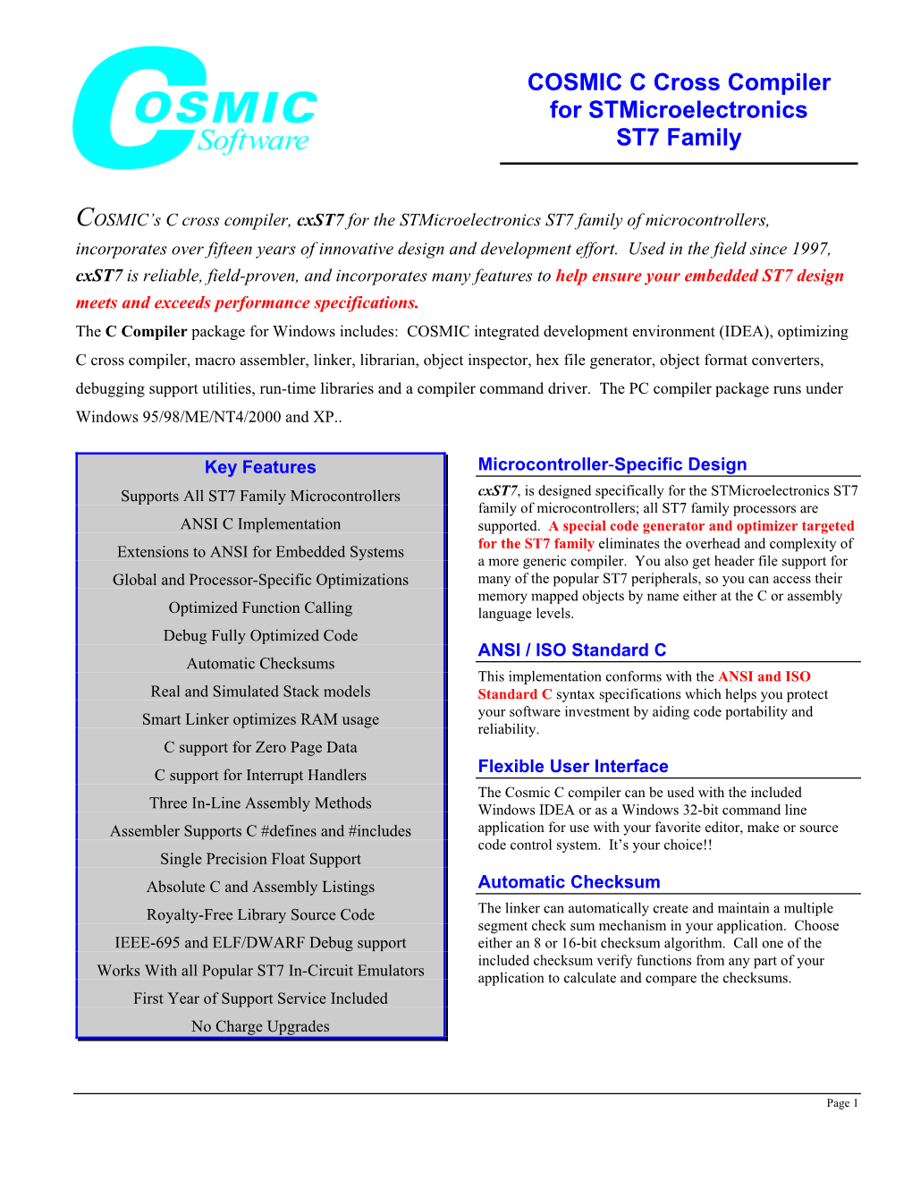 COSMIC C Cross Compiler for Stmicroelectronics ST7 Family