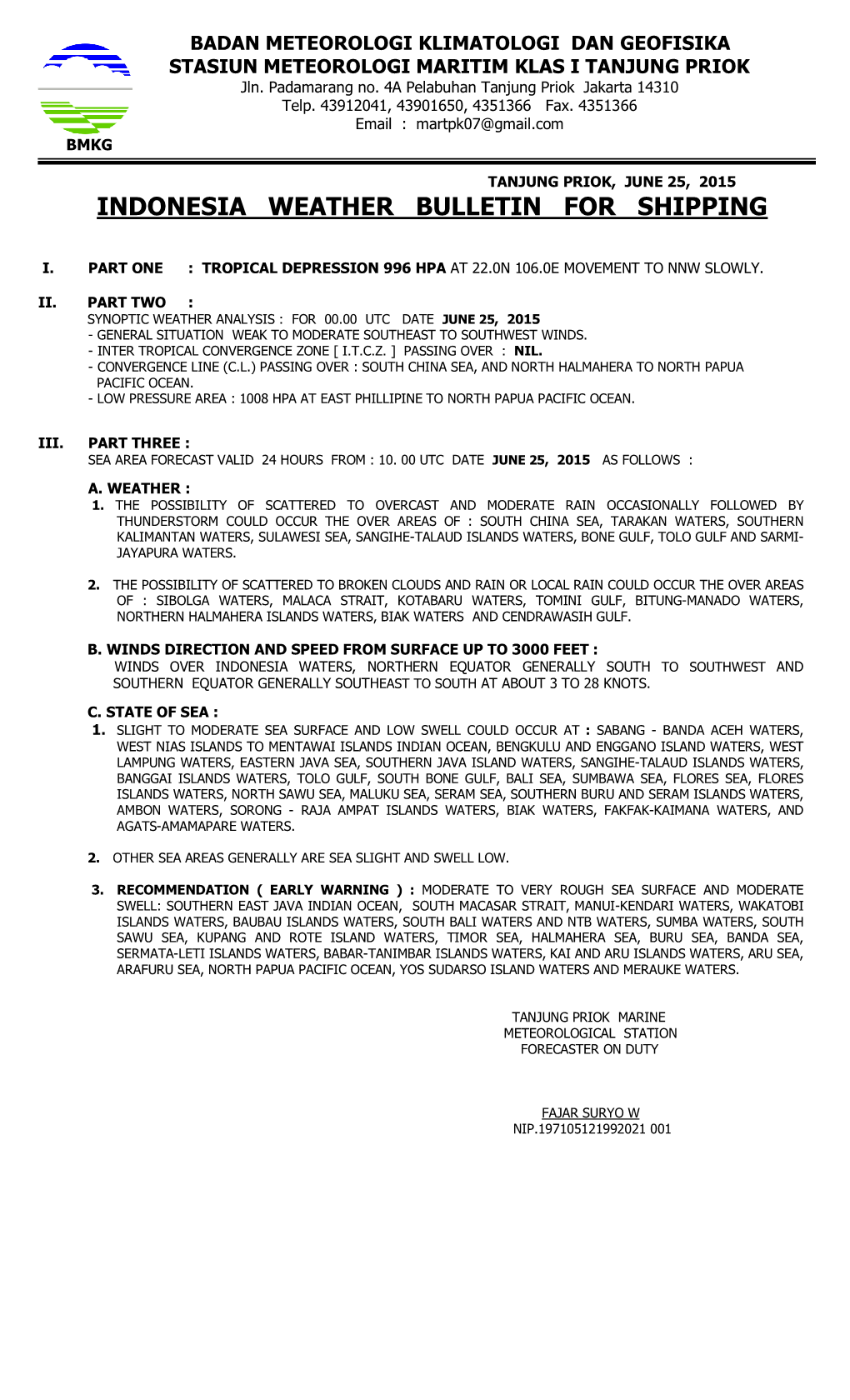 Indonesia Weather Bulletin for Shipping