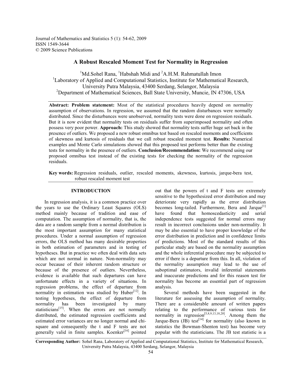 A Robust Rescaled Moment Test for Normality in Regression