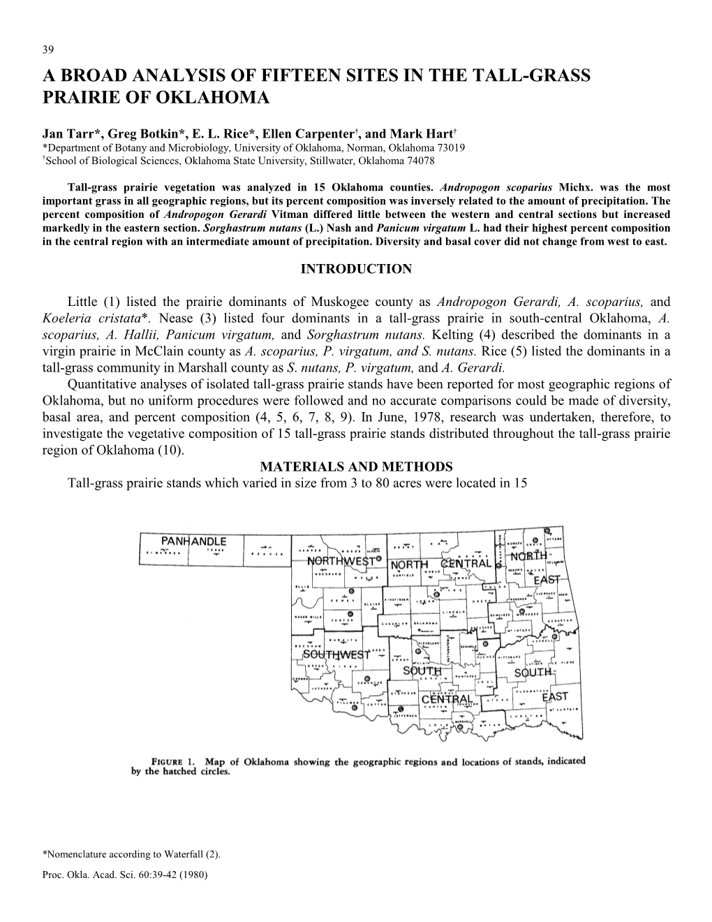 A Broad Analysis of Fifteen Sites in the Tall-Grass Prairie of Oklahoma