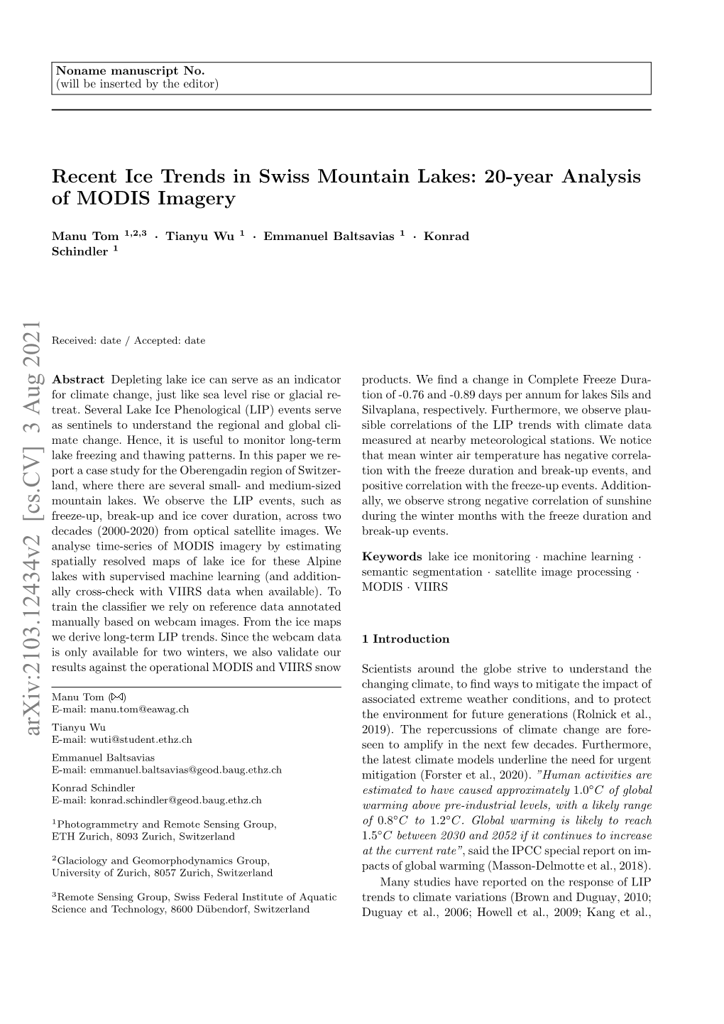 Recent Ice Trends in Swiss Mountain Lakes: 20-Year Analysis of MODIS Imagery