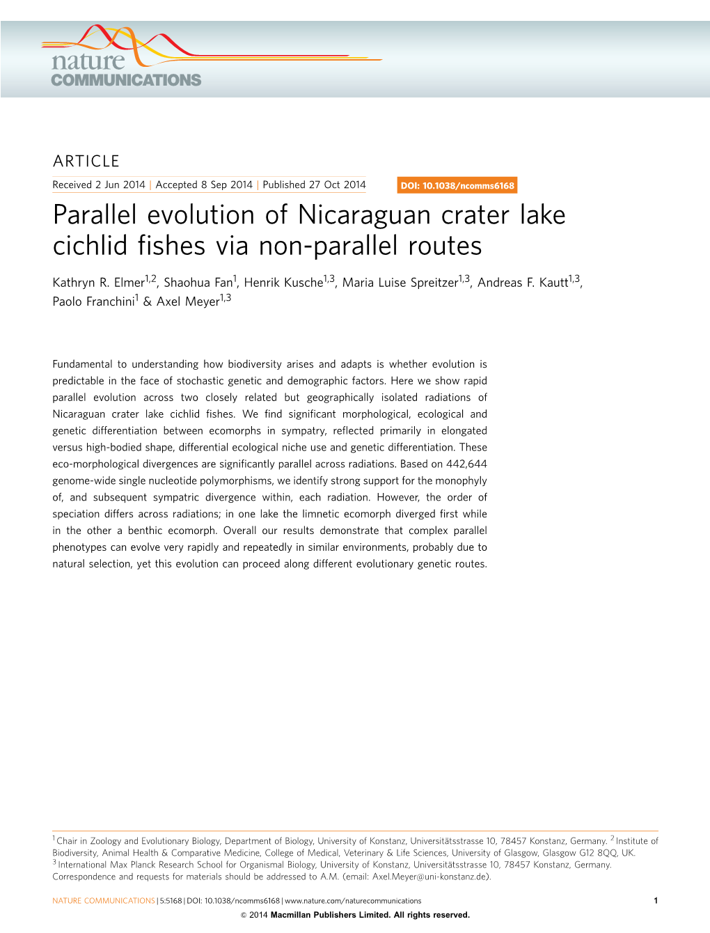 Parallel Evolution of Nicaraguan Crater Lake Cichlid Fishes Via Non-Parallel