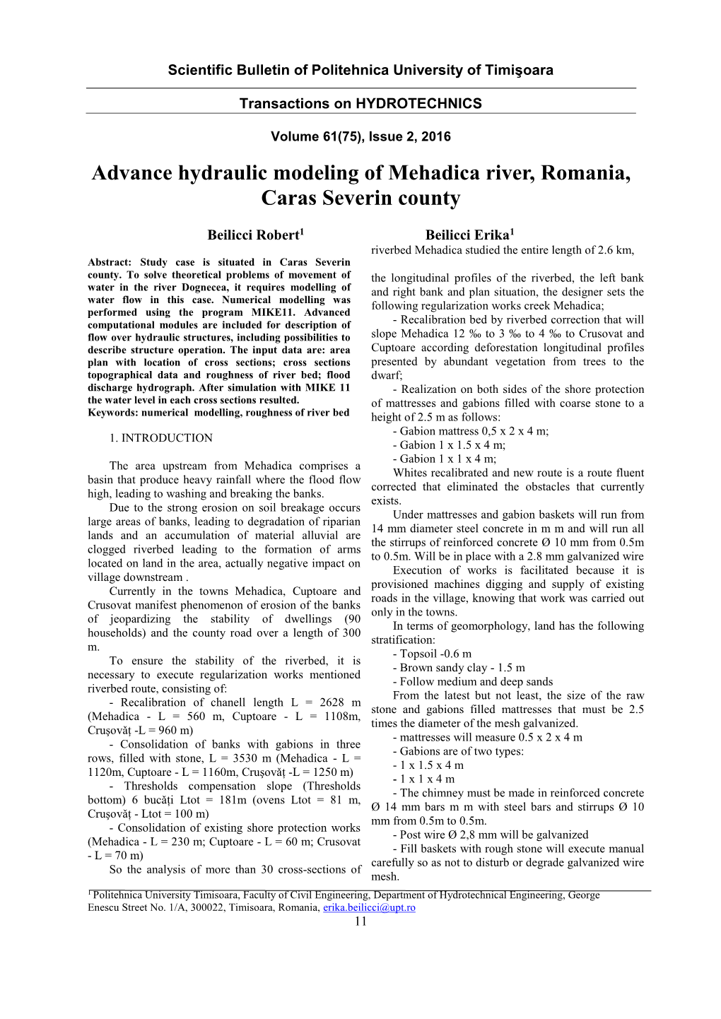 Advance Hydraulic Modeling of Mehadica River, Romania, Caras Severin County