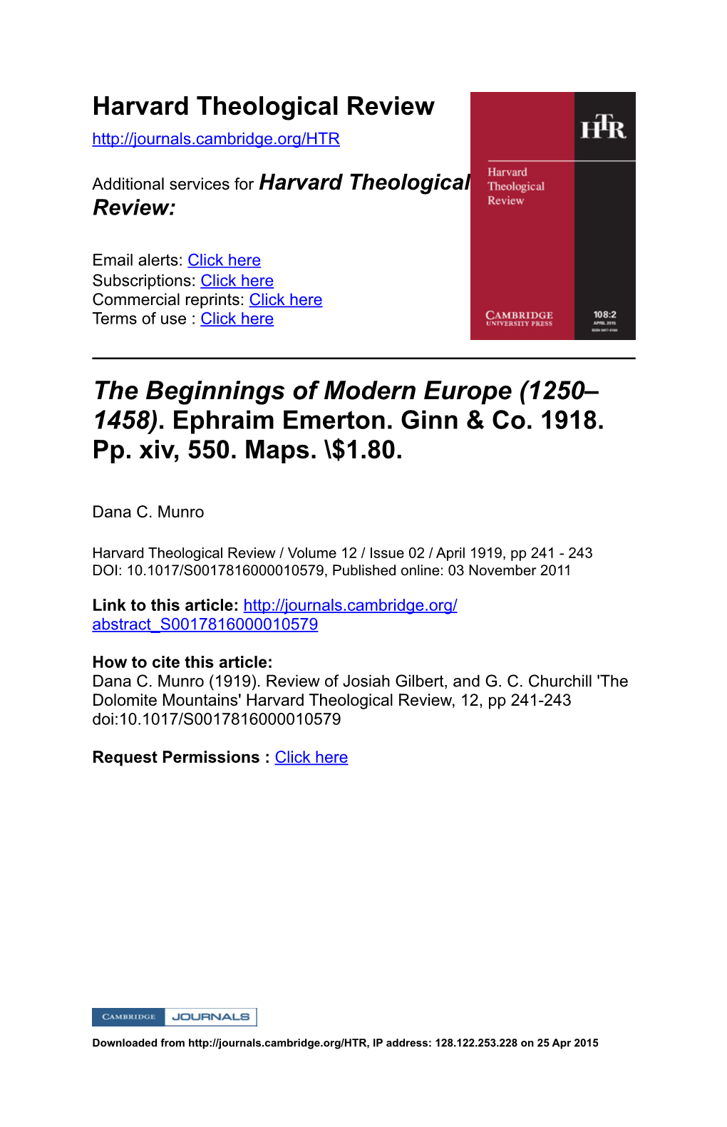 Harvard Theological Review the Beginnings of Modern Europe