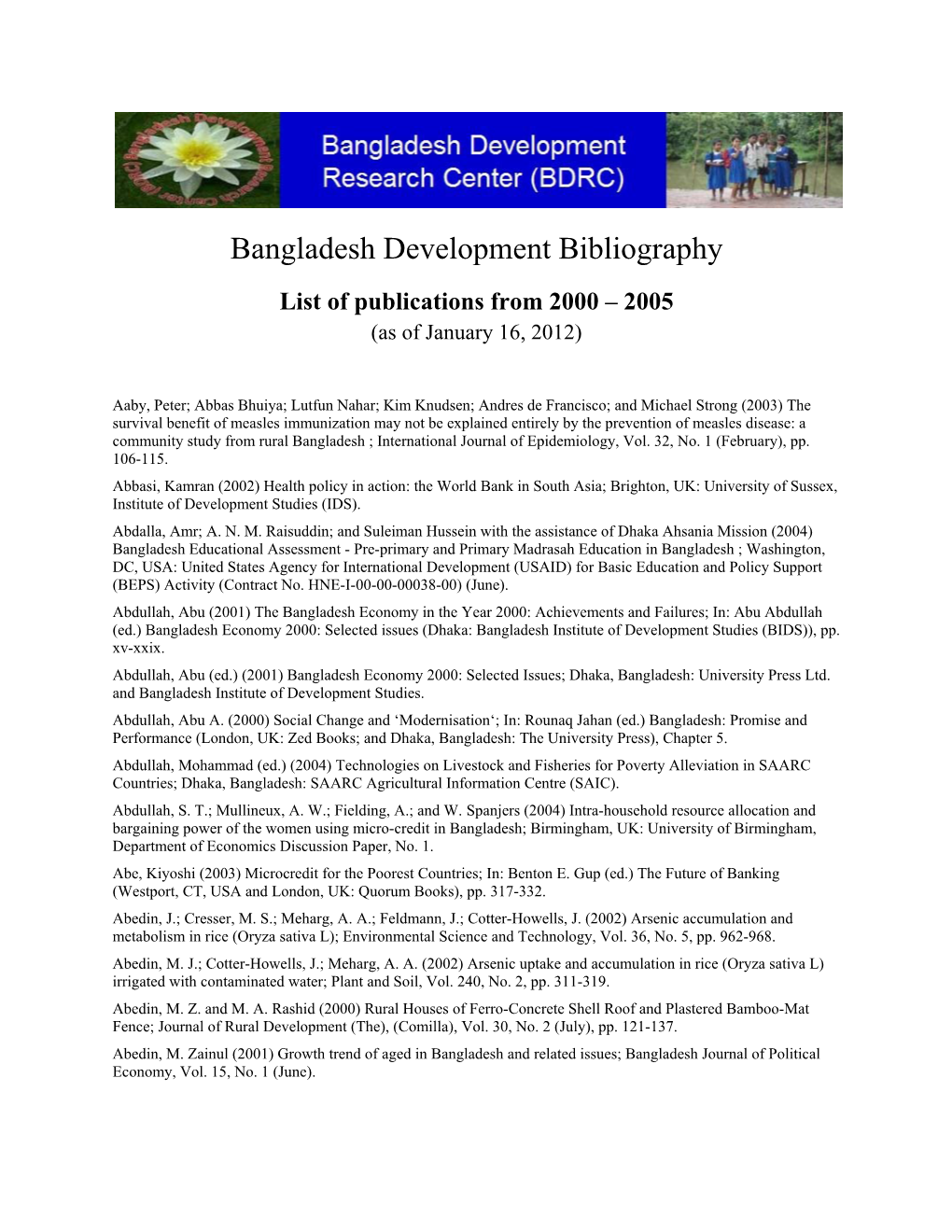 Bangladesh Development Bibliography List of Publications from 2000 – 2005 (As of January 16, 2012)