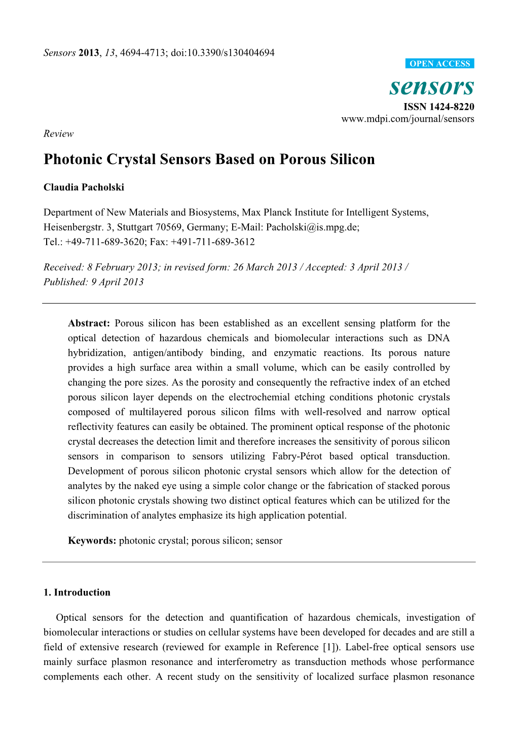 Photonic Crystal Sensors Based on Porous Silicon