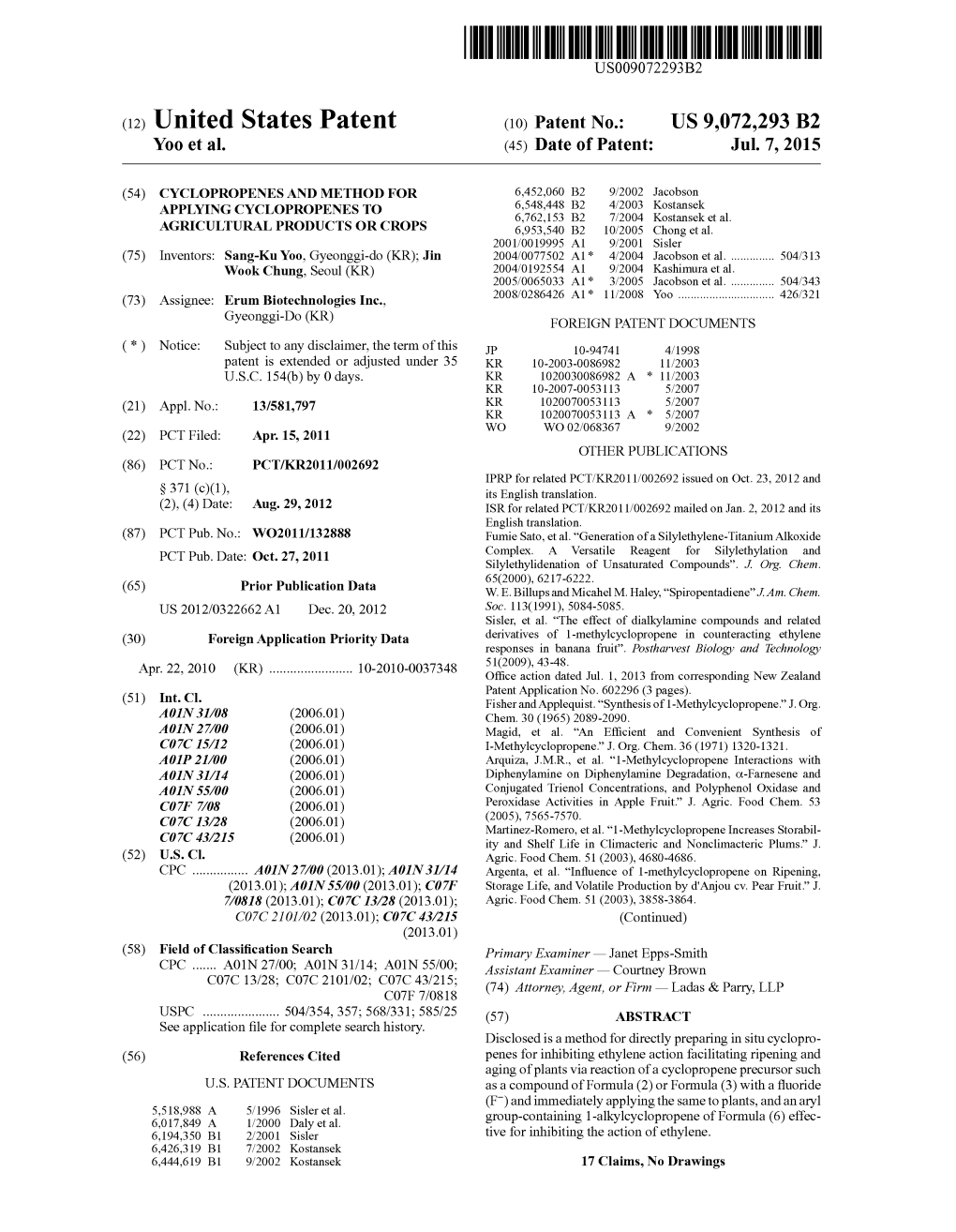 (12) United States Patent (10) Patent No.: US 9,072,293 B2 Yo0 Et Al