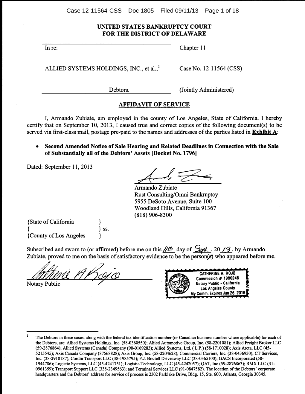 Case 12-11564-CSS Doc 1805 Filed 09/11/13 Page 1 of 18 Case 12-11564-CSS Doc 1805 Filed 09/11/13 Page 2 of 18 Allied Systems Holdings, Inc
