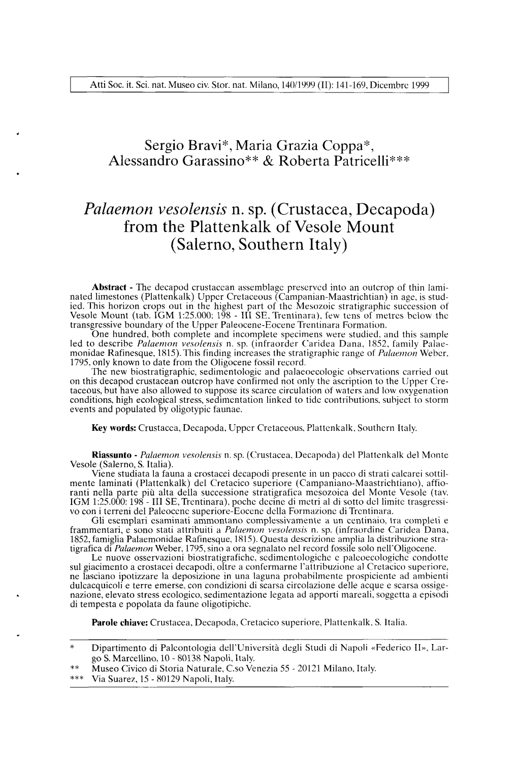 Palaemon Vesolensis N. Sp. (Crustacea, Decapoda) from the Plattenkalk of Vesole Mount (Salerno, Southern Italy)