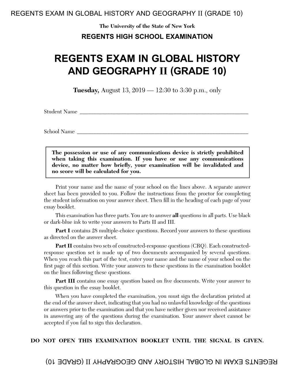 Regents Exam in Global History and Geography Ii (Grade 10)