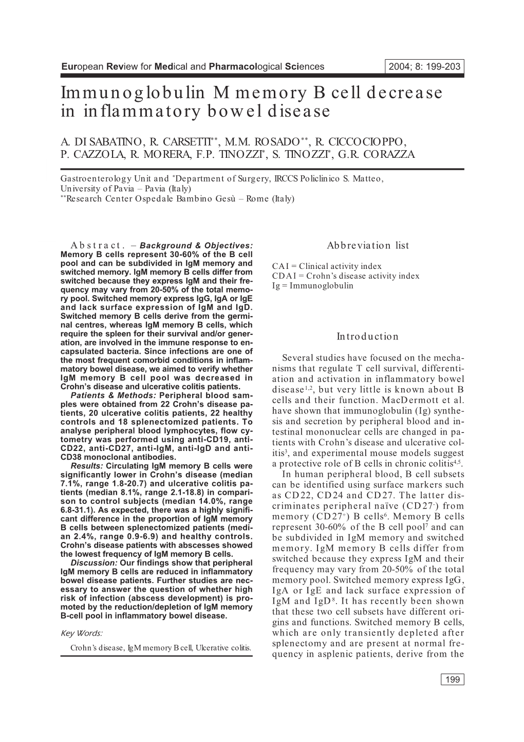 Immunoglobulin M Memory B Cell Decrease in Inflammatory Bowel Disease