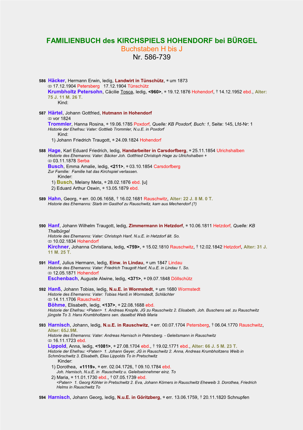 FAMILIENBUCH Des KIRCHSPIELS HOHENDORF Bei BÜRGEL Buchstaben H Bis J Nr