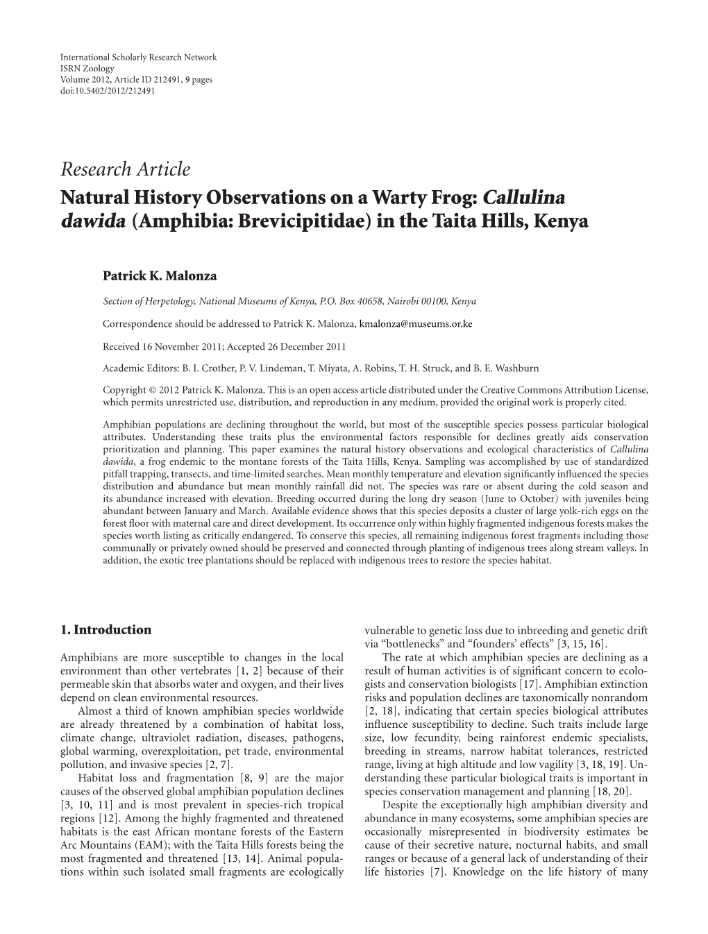 Natural History Observations on a Warty Frog: Callulina Dawida (Amphibia: Brevicipitidae) in the Taita Hills, Kenya